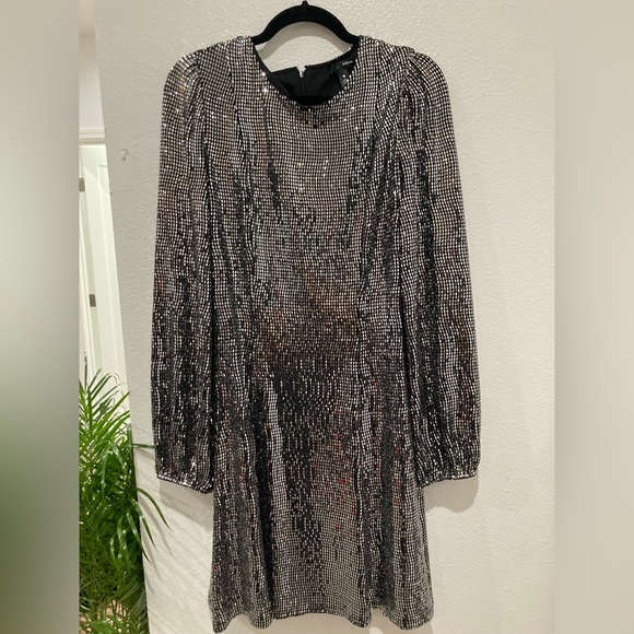 AQUA Shine Metallic Long Puff Sleeve Mini Dress NWT size large - Picture 4 of 7